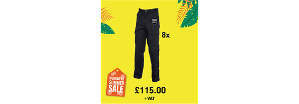 8 x Uneek Quality Cargo Trousers with Knee Pad Pockets + FREE logo