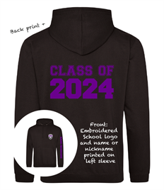 ADULT LEAVERS HOODIE (Back print, embroidered logo & name or nickname printed left arm)